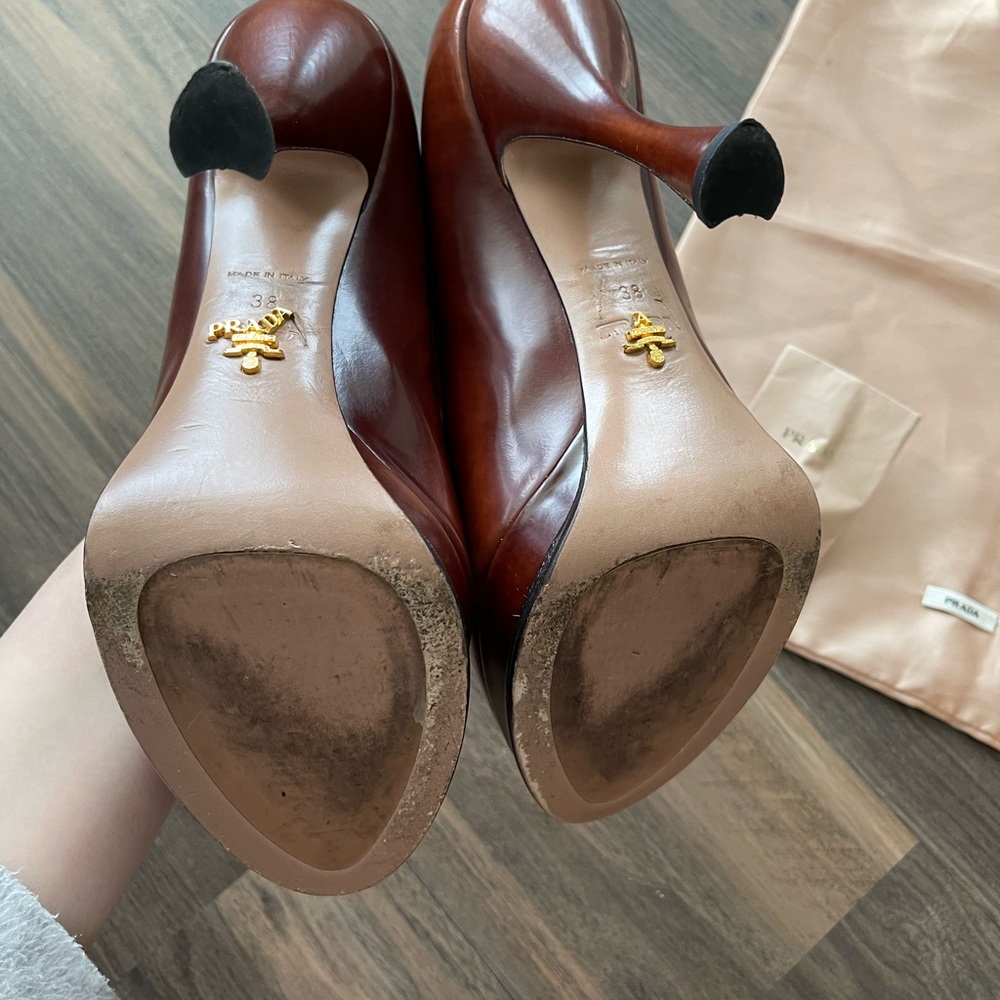 Prada Brown Leather Round Toe Pumps - Picture 7 of 7